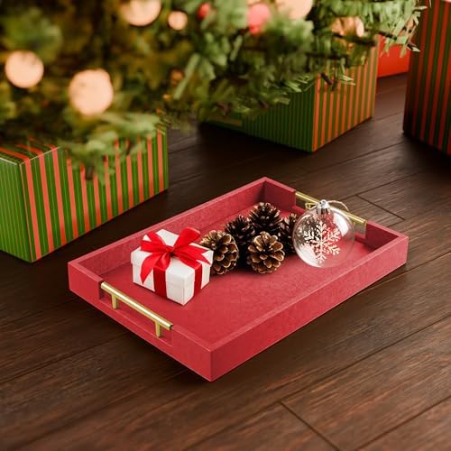 ATZYmolin 17"x12" Leather Serving Tray, Gold Handle Vanity Platter, Red - Image 3