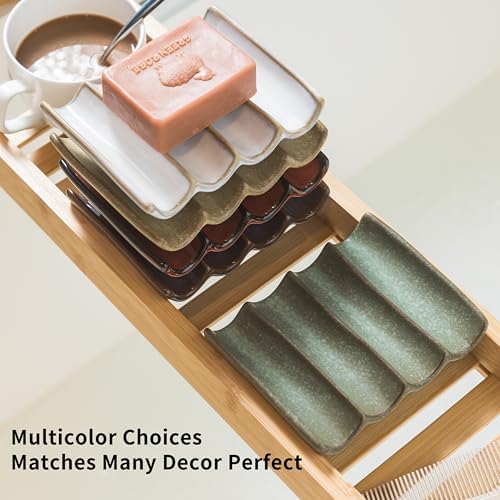 Draining Ceramic Soap Dish - Fluted Design, Bar Soap Holder for Shower & Bathroom, Soap Saver Sponge Lift, Green - Image 4