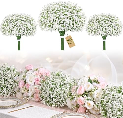 100Pcs Baby Breath Flowers Artificial Bulk, White Babys Breath Fake Flowers by Yastouay