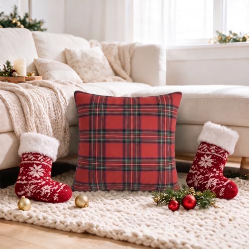 AVOIN colorlife Christmas Red Green Plaid Decorative Throw Pillow Covers, 16 x 16 Inch Holiday Scottish Tartan Cushion Case Farmhouse Decoration for Sofa Couch Set of 2 - Image 4