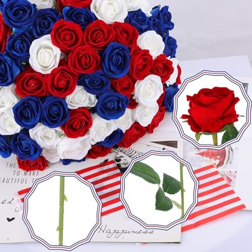 Hananona 50 Pcs Artificial Roses, Realistic Silk Flowers Bulk, RWB - Image 3