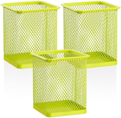 Segarty Pen Cup Holder, 3 Pack Square Light Green Pen Holder for Desk, Cute Mesh Pencil Cups Container Set Desktop Organizer for Office Supplies, School Classroom, Home Storgae and Organization by Segarty
