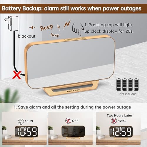Peakeep Slim Digital Mirror Aesthetic Alarm Clock for Bedrooms Desk Decor - Image 6