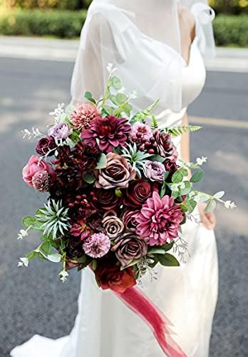 Serra Flora Artificial Flowers Combo Dahlia 25pcs Silk Fake Flowers Roses for DIY Wedding Bouquets Burgundy Centerpieces Arrangements Party Bridal Baby Shower Home Decorations(Burgundy) - Image 3