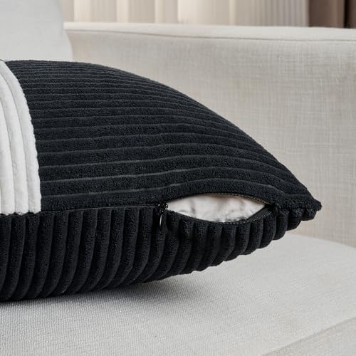Fancy Homi Set of 2 Black White Big Decorative Throw Pillow Covers 24x24 Inch for Couch Bed Sofa, Modern Farmhouse Boho Home Decor, Soft Cross Corduroy Patchwork Accent Square Cushion Case 60x60 cm - Image 4