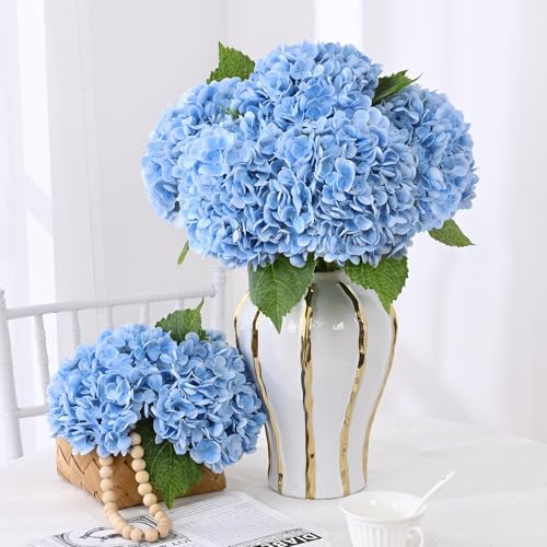 6 Pcs Real Touch Hydrangea Artificial Flowers, 21" Latex Fake Flowers, Blue - Image 2