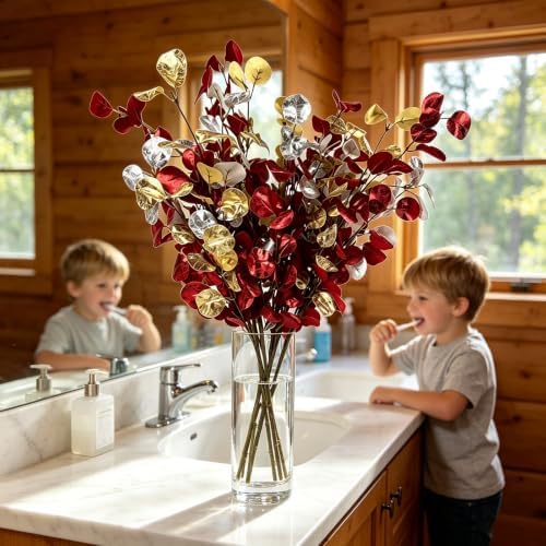 6Pcs Artificial Christmas Eucalyptus Stems 27.55 Inch Red Gold Silver Silk Faux Leaves Flexible Branches for Vase Table Centerpiece Xmas Home Wedding Decor - Image 7