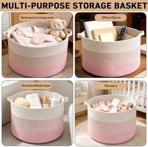 65L Large Blanket Basket,Woven Rope Laundry Basket-Mixed Pink - Image 6