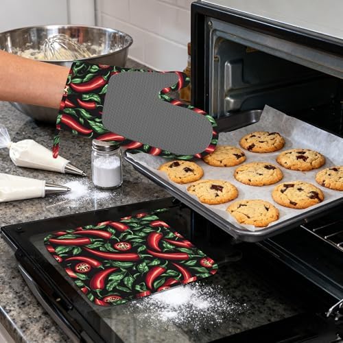 Red Chili Peppers Silicone Oven Mitts and Pot Holders,Heat-Resistant 4 Piece Kitchen Set Non-Slip Oven Gloves and Hot Pads for Cooking, Baking, Grilling,BBQ - Image 4