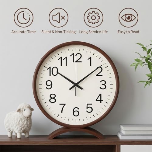 Maxspace Table Clock-8 Inch Silent Non-Ticking Wooden Timepiece Desk Clock, Battery Operated Decor Round Clock for Living Room Office Bedroom Decor (Walnut, White Dial, Black Hands) - Image 3