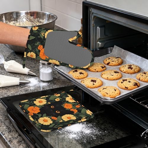 Black Cat Flowers Heat-Resistant Silicone Oven Mitts and Pot Holder 4 Piece Set,Non-Slip Kitchen Oven Gloves for Baking, BBQ, Cooking,Grilling - Image 4
