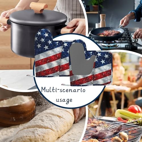 American Flag Oven Mitts and Pot Holders Sets,Extra Long 4th of July Kitchen Mittens for Cooking,Thick Cotton Heat Resistant Silicone Cooking Utensils Set for Baking Cooking Grilling - Image 7