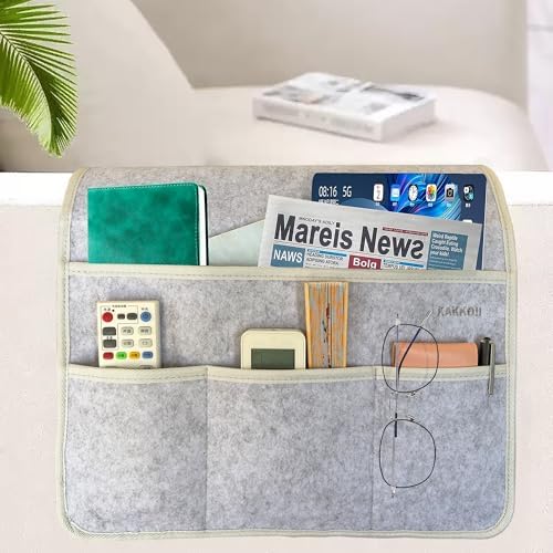 Sofa Armrest Caddy, Armchair Caddy for Recliner, Couch Organizer, Bedside Organizer, Remote Holder with Silicone Non-slip Design,4 Pockets for Magazine, Notepad,Phone, Ipad, Glasses (Light Grey-1) - Image 2