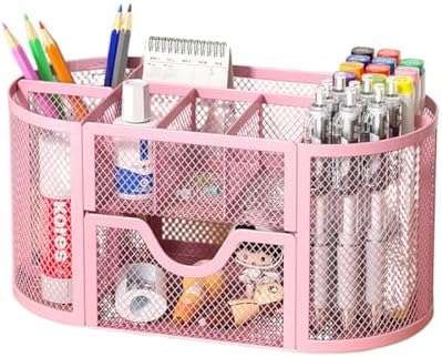 Wire Mesh Desk Organizer, Pink Pen Holder and Desk Organizer with Compartments, Desk Drawer Organizers and Accessories for Office School Home Supplies Teacher Students by Unknown