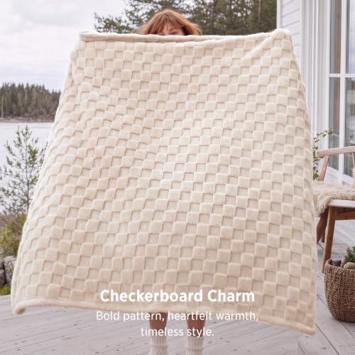 Bedsure Checkered Fleece Throw Blankets for Bed/Couch, Cream,50"×70" - Image 3