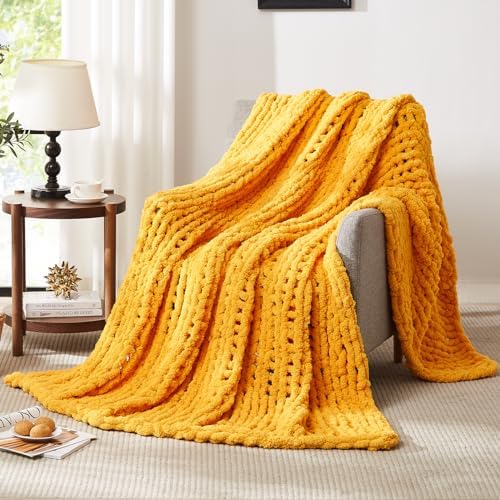 L'AGRATY Chunky Knit Throw Blanket for Couch, 50 x 60 Inches Mustard Yellow by LAGRATY