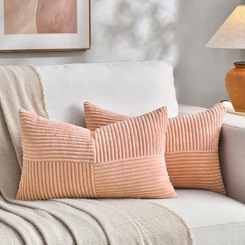 Fancy Homi 2 Packs Peach Long Lumbar Decorative Throw Pillow Covers 16x24 Inch for Couch Bed Sofa, Rustic Farmhouse Boho Home Decor, Soft Striped Corduroy Rectangle Accent Cushion Case 40x60 cm by Fancy+Homi