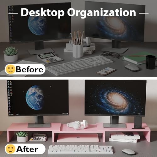 BONTEC Dual Monitor Stand Riser, Adjustable Length & Swivel Angle, Pink - Image 2