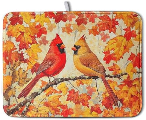 Fall Dish Drying Mats for Kitchen Counter Maple Leaf Cardinal Birds Dish Draining Mat 18x24 Inch Autumn Thanksgiving Dish Rack Mat Microfiber Absorbent Dish Drainer Pad by Kwlegh