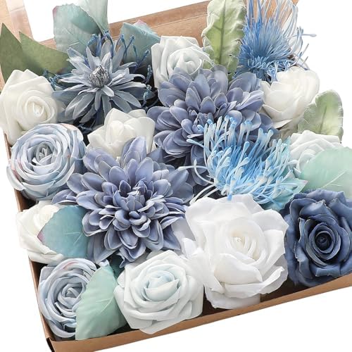 Floroom Dusty Blue Powder Blue Artificial Flowers Fake Roses Dahlias and Greenery Combo Box Set for DIY Wedding Bouquets Bridal Shower Centerpieces Floral Arrangements Party Tables Home Decorations by Floroom