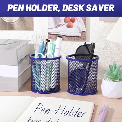 Segarty Pen Cup, 6 Pack Round Cute Dark Blue Pen Holder for Desk, Wire Mesh Pencil Holder Container Set, Desktop Organizer for Office Supplies, Maker, School, Home Storage, Makeup Brush - Image 5