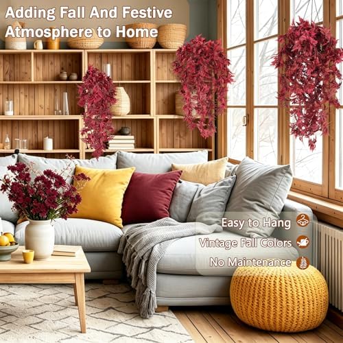 RECUTMS 3Pcs Artificial Hanging Fall Maple Leaves Plant 27.5In Wine Red - Image 6