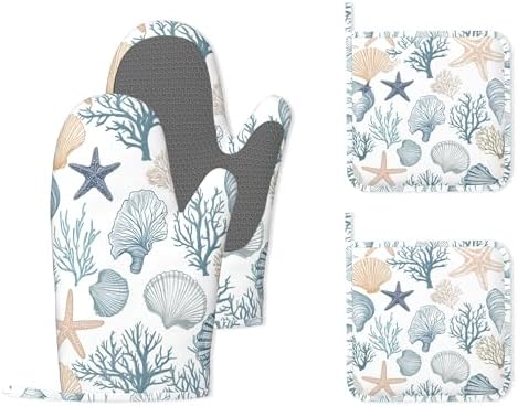 Starfish Coral Shells Ocean Silicone Oven Mitts and Pot Holders,Heat-Resistant 4 Piece Kitchen Set Non-Slip Oven Gloves and Hot Pads for Cooking, Baking, Grilling,BBQ by Unknown