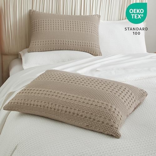 PHF 100% Cotton Waffle Pillow Shams Standard Size, 2 Pack 20" x 26" Soft Skin-Friendly Pillowcases, No Filling, Aesthetic Woven and Breathable Waffle Weave Pillow Case Covers for Bed, Simply Taupe - Image 6