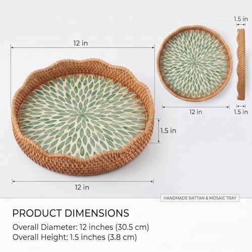 12 Inch Round Rattan Tray Mother of Pearl Inlay, Leaf Style - Image 2