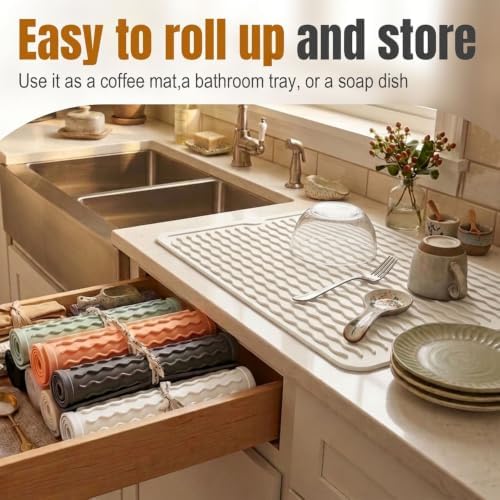 2 Pack Silicone Dish Drying Mat for Kitchen Counter Dining Place Mats Waterproof Shower Caddy Organizer Sink Protector Appliance Storage Vanity Trays Dryer Rack Drainers Items 15"x11.5" Beige - Image 3