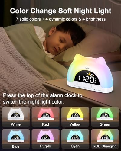 Kids Alarm Clock, Wake Up Clock with 11 Colors Night Light, Toddlers Sleep Training Clocks with 10 Ringtones, Brightness Adjustment, Dual Alarms Plug in OK to Wake Clocks for Girls Boys - Image 4