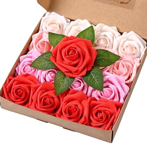 BLEUM CADE 16Pcs Artificial Flowers Fake Foam Roses with Stems for Wedding by BLEUMCADE