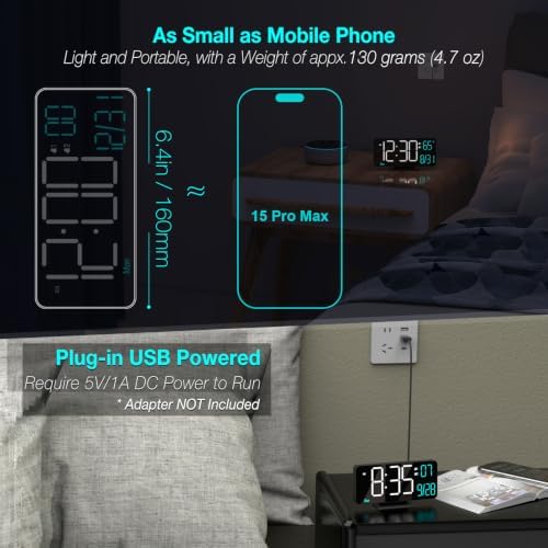 KOSUMOSU Digital Clock for Bedroom 6.7in Small Digital Alarm Clock Black, Dimming,12/24h,Date,Day of Week, Indoor Temperature,Desk Clocks for Classroom, LED Clocks for Living Room, Digital Calendar - Image 2
