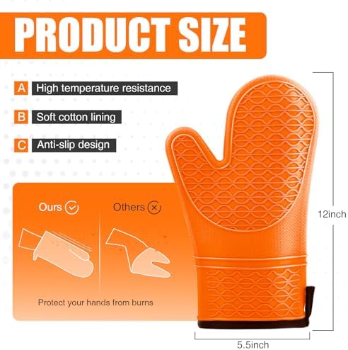 Silicone Oven Mitts, Heat Resistant 2PCS Oven Mitts with Soft Cotton Lining, Waterproof Non-Slip Grip Oven Glove, Kitchen Potholder Mits for BBQ, Baking, Cooking, 12.5 Inch - Orange - Image 2