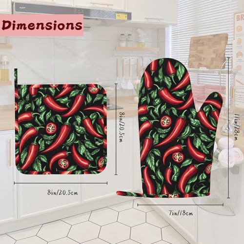 Red Chili Peppers Silicone Oven Mitts and Pot Holders,Heat-Resistant 4 Piece Kitchen Set Non-Slip Oven Gloves and Hot Pads for Cooking, Baking, Grilling,BBQ - Image 2