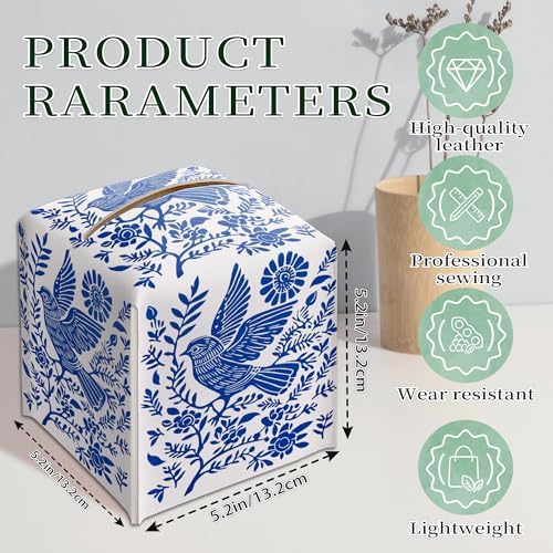Blue Tissue Box Holder, Scandinavian Boho Bird Leather Tissue Box Cover Square, Paper Napkins Everyday Dispenser for Bathroom Vanity Countertop Night Stands Kitchen Office Car Home Decor - Image 2