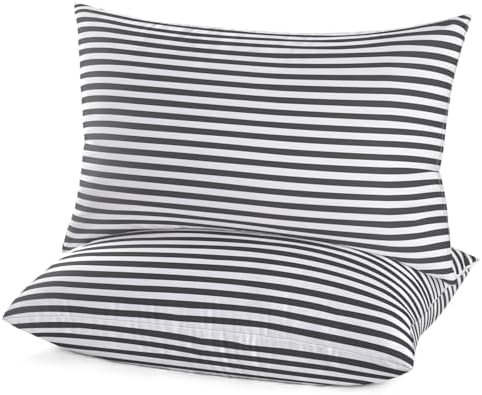 EIUE Bed Pillows for Sleeping 2 Pack Queen Size，Super Soft Down Alternative Microfiber Filled Pillows,Pillows for Side and Back Sleepers,20 x 30 Inches,Striped White Grey by EIUE