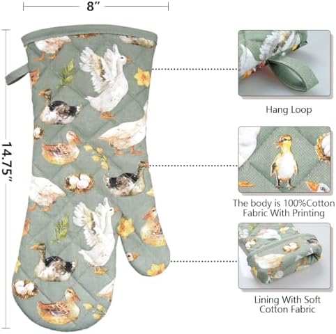 Oven Mitts Cotton Fashion Cute Teal Design 1pair Heat Resistant Oven Gloves Safe Cooking Baking Grilling Barbecue Machine Washable Pot Holders (Teal) - Image 2