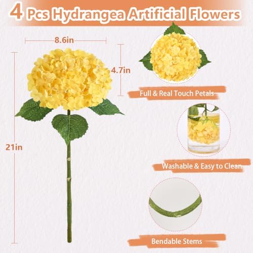 4 Pcs Real Touch Hydrangea Artificial Flowers, 21" Fake Flowers, Yellow - Image 7