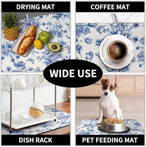 Dish Drying Mat for Kitchen Counter Blue and White Floral Drying Mats Chinoiserie Vintage Flowers Dish Drying Pad for Dishes Microfiber Absorbent Dish Drainer Rack Mat for Countertop 16x18 Inch - Image 7