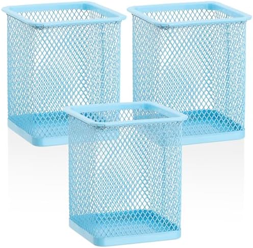 Segarty Pen Holder for Desk, 3 Pack Square Light Blue Pencil Holder, Wire Mesh Pen Cup Container Set Desktop Organizer for Office Supplies, School Students, Home Storage, Brush Organization by Segarty