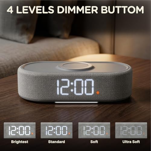 Fabric Digital Alarm Clock for Bedroom, Wireless Charging, Beige - Image 6