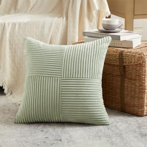 Fancy Homi 2 Packs Sage Green Euro Decorative Throw Pillow Covers 26x26 Inch for Bedroom Couch Bed, Farmhouse Boho Home Decor, Soft Corss Corduroy Patchwork Textured Square Cushion Case 66x66 cm - Image 2