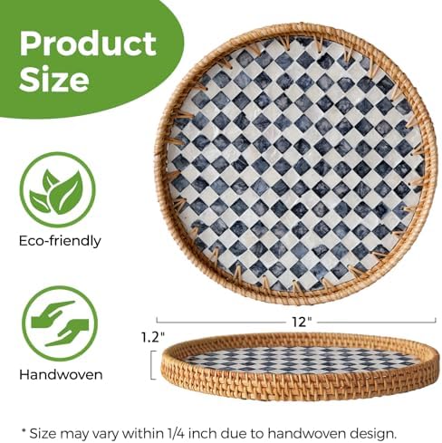 12" Round Rattan Tray with Mother of Pearl Inlay, Wicker Coffee Table Tray - Image 2