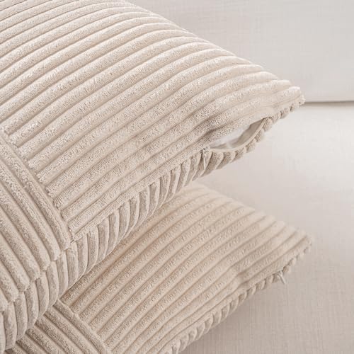 Fancy Homi 2 Packs Tan Samll Decorative Throw Pillow Covers 12x12 Inch with for Couch Bed Sofa, Rustic Farmhouse Boho Home Decor, Soft Corss Patchwork Corduroy Square Beige Cushion Case 30x30 cm - Image 4