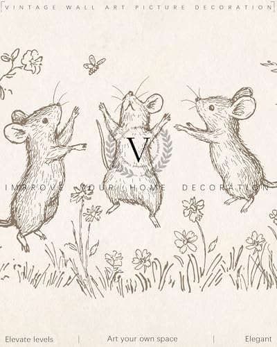 Vodefoad Mouse Sketch Vintage Wall Art Retro Nursery Dancing Mice Art Print Neutral Cottagecore Nursery Decor Farmhouse Rustic Mice Wall Decor for Gallery Nursery Bedroom Bathroom Office - 8x10Inch Unframe - Image 7