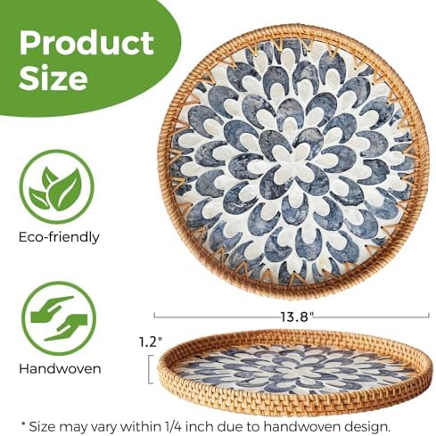 13.8" Round Rattan Tray with Mother of Pearl Inlay,Wicker Coffee Table Tray - Image 2