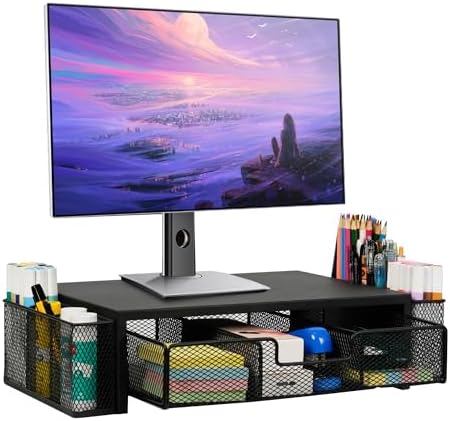 Qupui Computer Monitor Stand Riser with Drawer and Pen Holders, Desk Organizer Shelf and Accessories, Office Desk Accessories, Office Organization, Black by Qupui