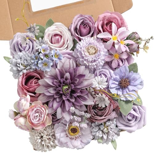 rongflower Purple Artificial Flowers Combo Box Set Silk Flowers Fake Rose for DIY Floral Arrangements Wedding Bouquets Centerpieces Baby Shower Party Home Decorations by rongflower