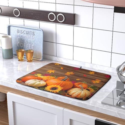 AutumnThanksgiving Pumpkin Dish Drying Mat for Kitchen Counter 16x18 Inch Fall Sunflowers Maple Leaves Harvest Kitchen Drying Mat Microfiber Super Absorbent Dish Rack Drainer Mat with Hanging Loop - Image 5